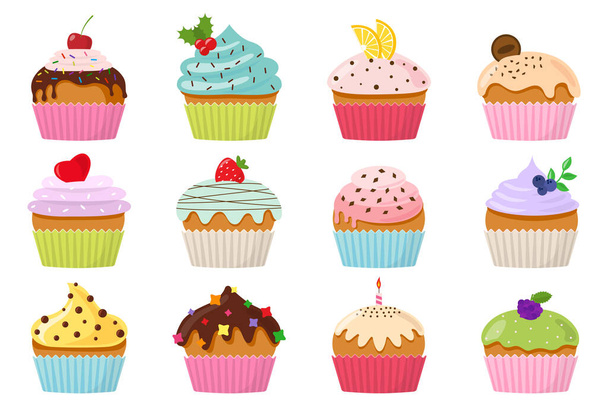 Cupcakes and muffins with cream and chocolate set - Vector, Image