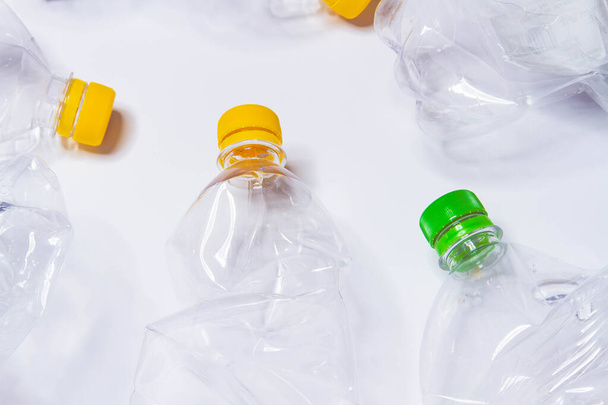 Plastic waste.Plastic bottles close-up.Waste sorting. Wrinkled plastic. - 写真・画像