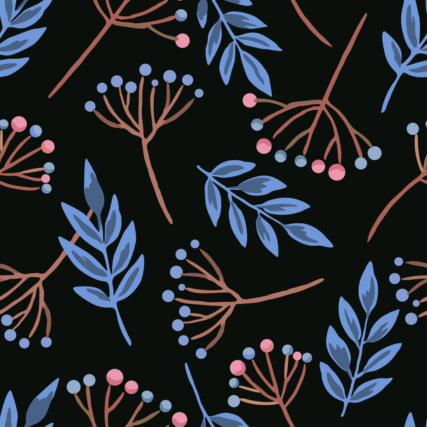 Seamless pattern with berry branches and doodle autumn leaves. Vector hand drawn illustration.  - Vector, imagen