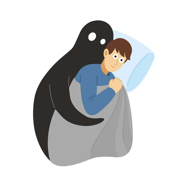 Mental problems, psychological instability concept. Scared man suffers of phobia, fears, depressive disorder, paranoia. Fear of the dark. Vector Illustration in flat style - Vector, Image
