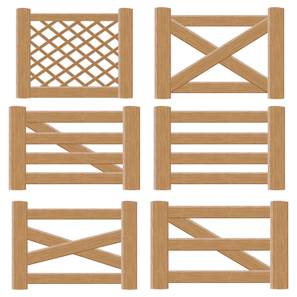 A set of Wooden Gates and fences made of boards of various designs, Vector illustration in Cartoon Style - Vector, Image