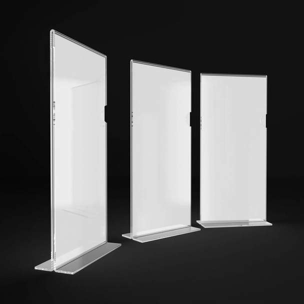 3 DlL Acrylbroschüre Ständer mit weißem Papiereinsatz isoliert auf schwarzem Hintergrund für Mockup und Illustration. 3D Render Illustration - Foto, Bild