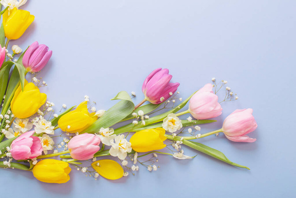 spring flowers on violet paper background - Фото, зображення