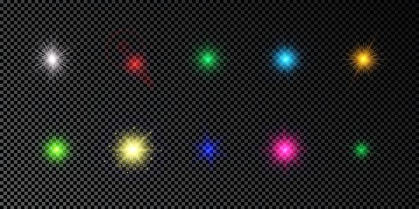Effet de lumière des fusées éclairantes. Ensemble de lumières éclatantes multicolores effets de rafale d'étoiles avec des étincelles sur un fond transparent foncé. Illustration vectorielle - Vecteur, image