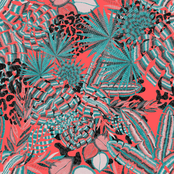 Σύγχρονη αφηρημένη αδιάλειπτη μοτίβο με δημιουργική πολύχρωμα τροπικά φύλλα και κηλίδες λεοπάρδαλη. Ρετρό φωτεινό καλοκαιρινό φόντο. Εικόνα φυλλώματος ζούγκλας. Βοτανικός σχεδιασμός μαγιό. Vintage εξωτικό αποτύπωμα. - Φωτογραφία, εικόνα