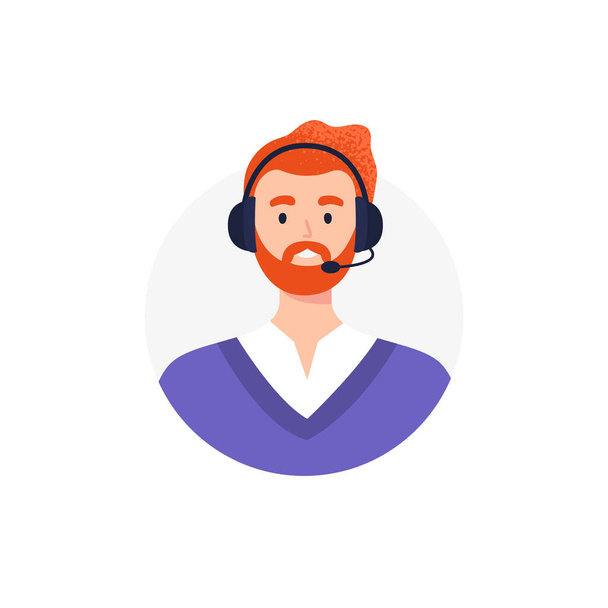 An avatar of man from a call center. Live chat operators, hotline operator, assistant with headphones. Online global technical support 24 7. Vector flat illustration. - Vector, Image