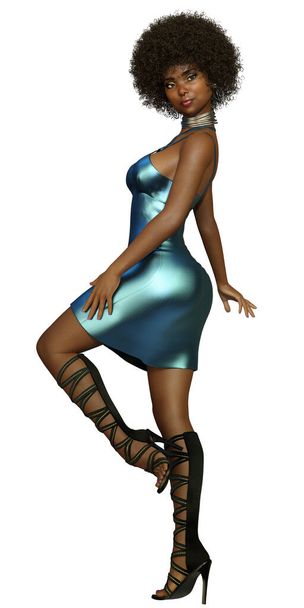 Mulher preta bonita em vestido azul 3D Render - Foto, Imagem