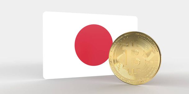 Japanse nationale vlag van Japan met gouden metalen Bitcoin cryptogeld munt. 3D Rendering op financiële witte achtergrond met kopieerruimte. Online uitwisseling geld investering illustratie - Foto, afbeelding