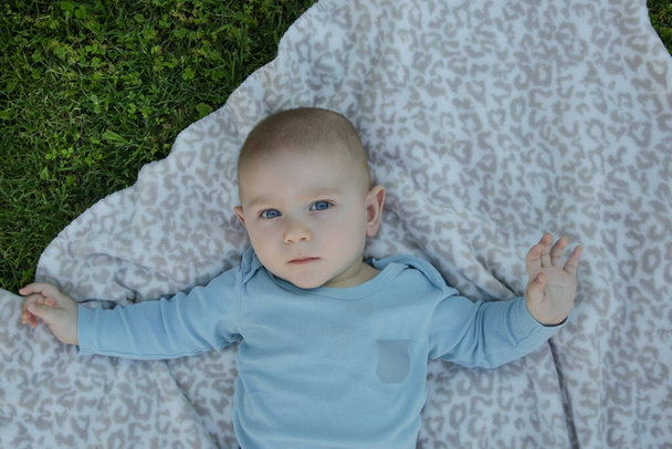 Muotokuva söpö sininen silmäinen vauva poika makaa huopa ruoho, ylhäältä - Valokuva, kuva