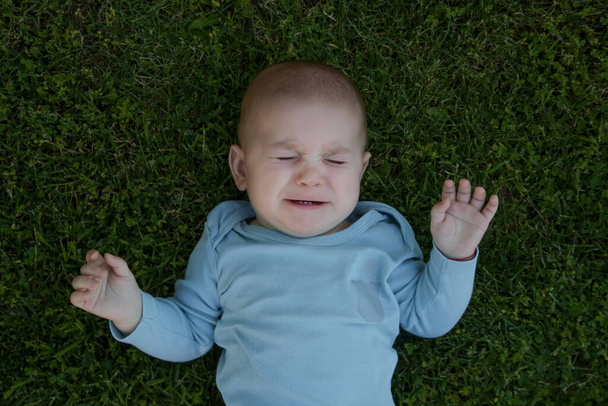 小さな男の子が草の上に横になって泣いている - 写真・画像