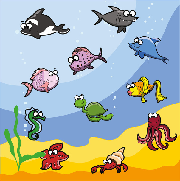 Cartoon cute sea fishes - Vector, Image