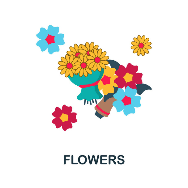 Płaska ikona kwiatów. Kolorowy znak elementu z kolekcji świętowania. Płaskie Kwiaty ikona znak dla projektowania stron internetowych, infografiki i więcej. - Wektor, obraz
