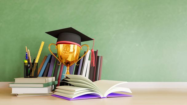 chapeau de graduation avec trophée d'or sur table en bois. rendu 3D - Photo, image