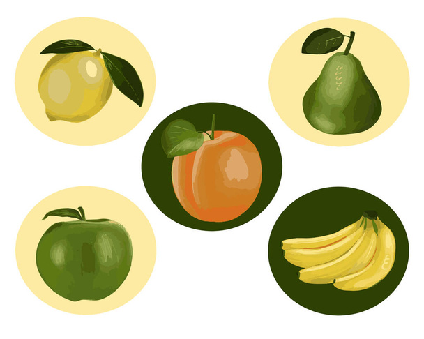 Conjunto vectorial de frutas en colores verde y amarillo, albaricoque, manzana, pera, plátano y limón - Vector, Imagen