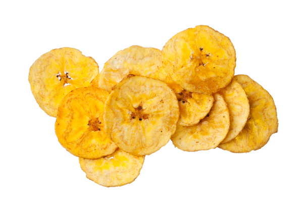 Platano batatas fritas de banana no fundo branco
 - Foto, Imagem