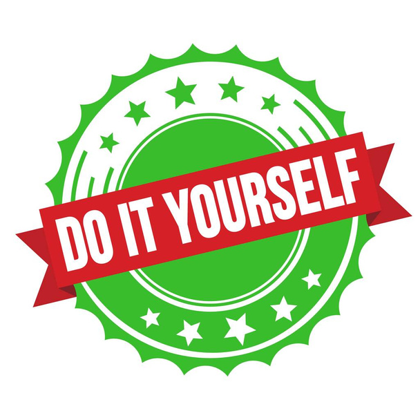 DO IT YOURSELF text on red green ribbon badge stamp. - Foto, immagini
