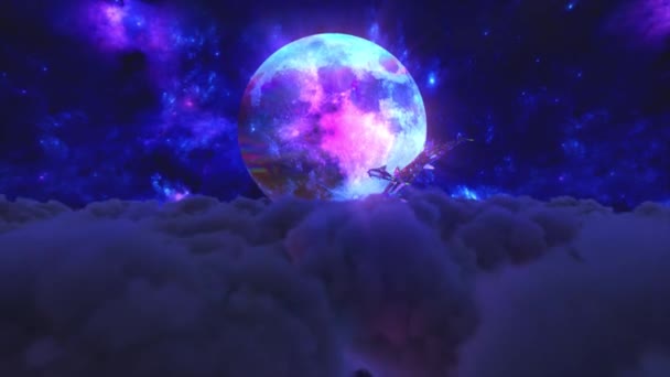 Los delfines del diamante saltan de las nubes contra el telón de fondo de la luna. Color azul. animación 3d de bucle sin costura - Imágenes, Vídeo