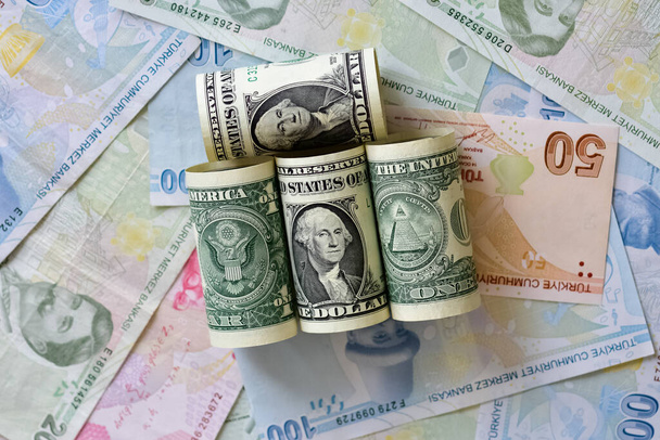 february 18, 2022. izmir, turkey. photos of turkish lira and dollar. photo for news purposes. - Fotó, kép