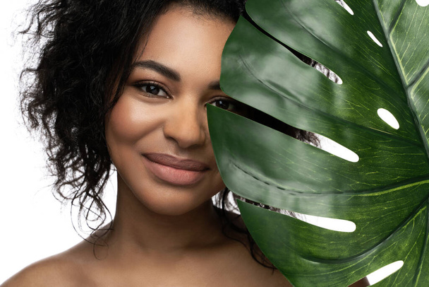 Hermosa mujer negra con una piel lisa sosteniendo hoja tropical verde sobre fondo blanco - Foto, Imagen