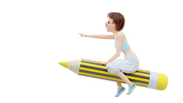 Little girl student is riding yellow pencil on white cloud. determined expression face and white background. 3d render. - Photo, Image