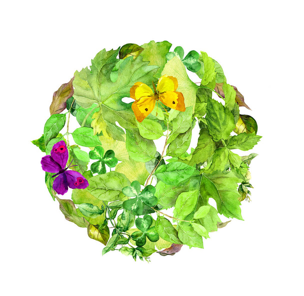 Round background with green leaves, butterflies. Watercolor - Foto, Imagem