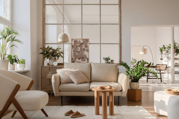 Stylish compositon of modern living room interior with frotte armchair, sofa, plants, painting, wooden commode, side table and elegant home accessories. Template. Copy space - Φωτογραφία, εικόνα