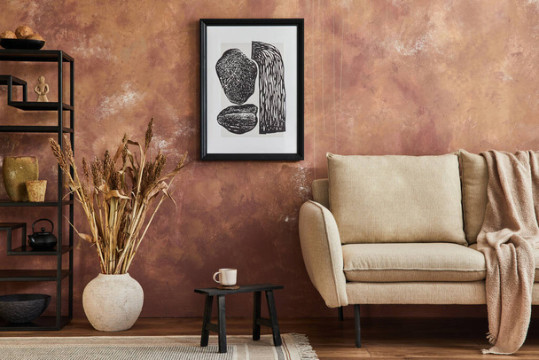 Elegant living room interior design with mock up poster frame, beige modern sofa, black metal shelf, dry plants and stylish accessories. Creative wallpaper. Template. Copy space. - Fotó, kép