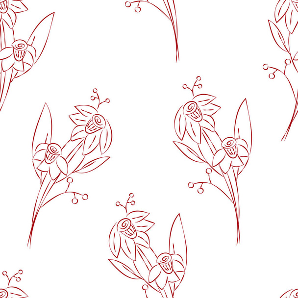Βέκτορ. Απρόσκοπτο μοτίβο. Floral φόντο σε στυλ doodle μελάνι. Σχεδιάγραμμα ενός λουλουδιού. Χειροποίητο σκίτσο από ανθοφόρο ασφόδελο, φύλλα. Μινιμαλισμός. Ταπετσαρία, συσκευασία δώρου, υφαντουργικός σχεδιασμός. - Διάνυσμα, εικόνα
