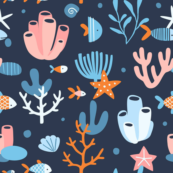 Underwater seaweed and fish pattern. Baby seabed coral rife seamless vector print for textile, nursery, paper. - Vector, Image