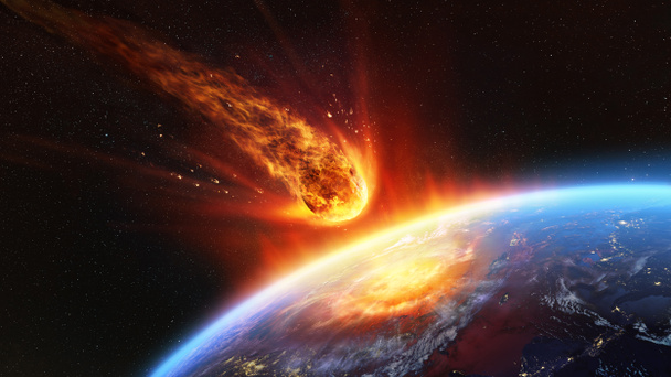 Meteorinslag op aarde - Ontstoken asteroïde in botsing met planeet - Bevat 3D-weergave - elementen van deze afbeelding geleverd door NASA - Foto, afbeelding