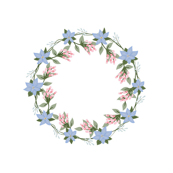 Iris flower wreath. Green decorative ivy. Spring floral vintage frames. Creeper plant flat vector illustration - Vetor, Imagem