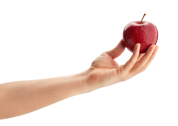 red apple in hand path isolated on white - Φωτογραφία, εικόνα