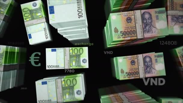 Euro ve Vietnam Dong para değişimi. Kağıt banknotlar tomar tomar. Ticaret, ekonomi, rekabet, kriz, bankacılık ve finans kavramı. Döngüsüz 3D canlandırma notaları. - Video, Çekim