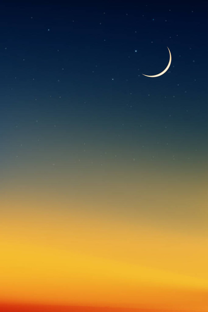Nocne niebo z półksiężycem i gwiazdami świecącymi, pionowe dramatyczne ciemnoniebieskie, fioletowe i pomarańczowe niebo, piękny widok na niebo zmierzch i zmierzch, wektor religii islamskiej dla Ramadan tło miesiąca - Wektor, obraz