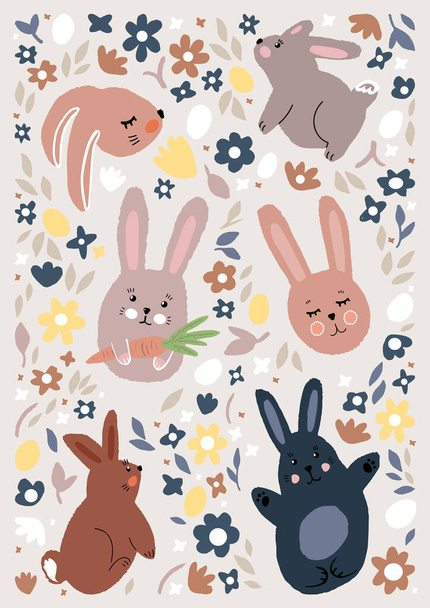Tavşan ve çiçeklerden yapılmış bir dizi Paskalya çıkartması. Yumuşak el çizimi vektör düz illüstrasyon. - Vektör, Görsel