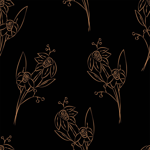 Vector. Seamless pattern. Floral background in doodle style ink. Contour sketch of a flower. Hand drawn line sketch of flowering daffodil, leaves. Minimalism. Wallpaper, gift wrapping, textile design. - Vektör, Görsel