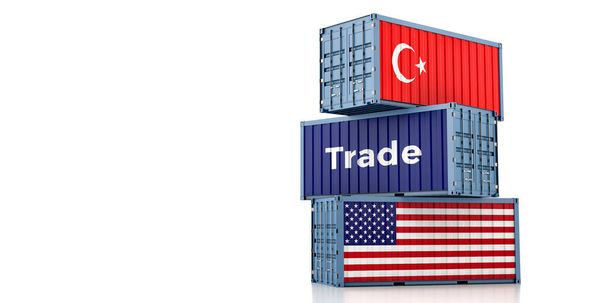 Cargo containers with USA and Turkey national flags. 3D Rendering  - Foto, afbeelding