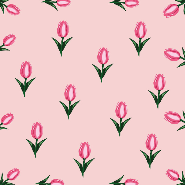 Tulip Seamless Pattern на розовом фоне. Весенние цветы печать. Идеальный шаблон для модных тканей, оберточной бумаги, обложек книг, журналов. Векторная иллюстрация. Цветочный узор с розовыми тюльпанами. - Вектор,изображение