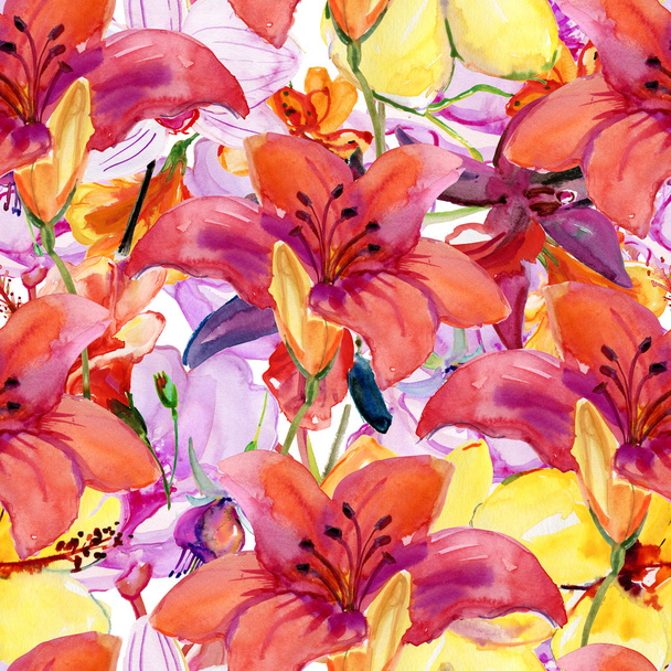 Beau Bouquet de fleurs colorées motif sans couture. Aquarelle peinture à la main illustration
. - Photo, image