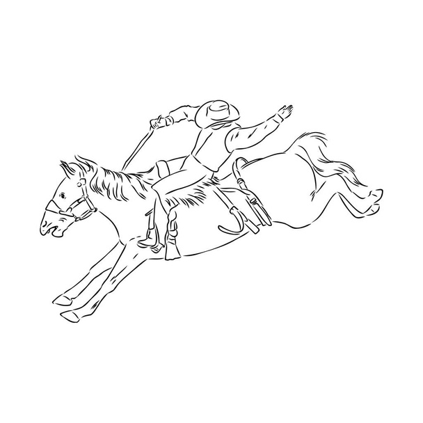 imagen vectorial de un vaquero en un mustang caballo salvaje decorándolo en un rodeo en el estilo de bocetos de arte - Vector, imagen