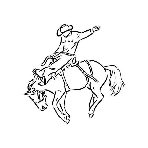 immagine vettoriale di un cowboy su un cavallo selvaggio mustang che lo decora a un rodeo nello stile di schizzi d'arte - Vettoriali, immagini