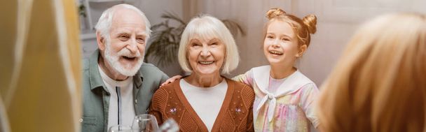 senior couple smiling near granddaughter on blurred foreground, banner - Foto, immagini