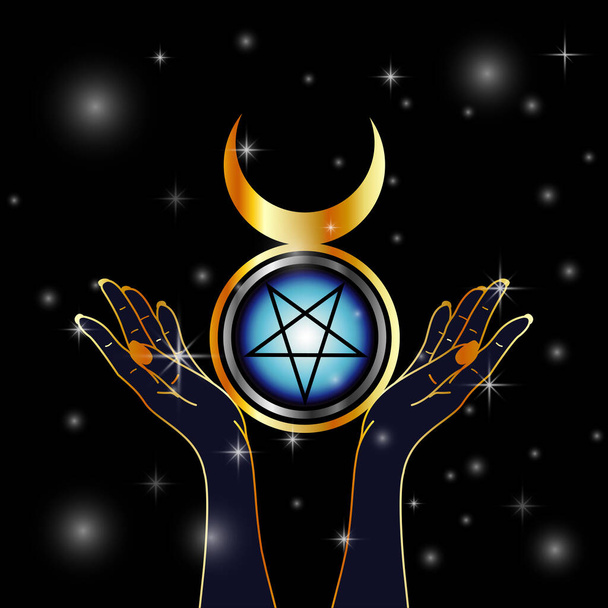 Triplo símbolo da Deusa e mãos segurando um pentáculo invertido - Vetor, Imagem