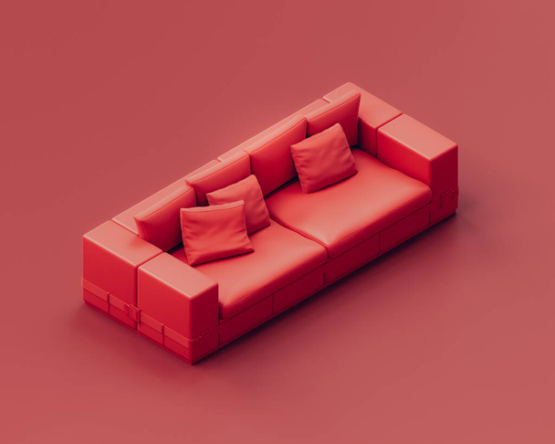 Kırmızı bir odada tek renkli kırmızı kanepe, izometrik tek kırmızı kanepe. Hiç kimse. 3d oluşturma - Fotoğraf, Görsel