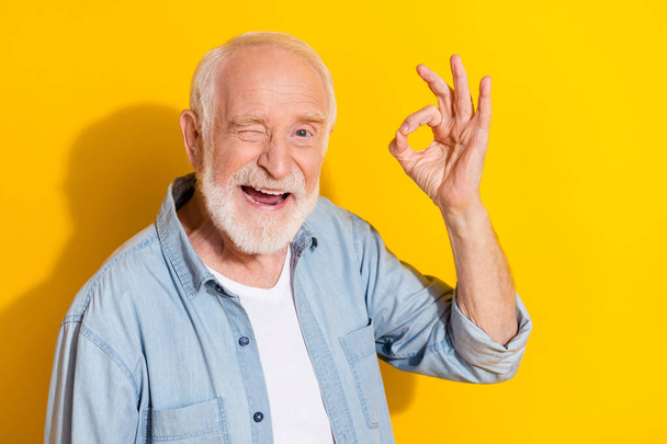 Portrait of attractive cheerful grey-haired man showing ok-sign agree ad winking isolated over bright yellow color background - Photo, Image