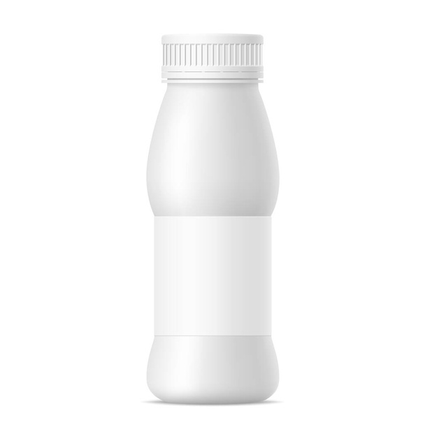 Estera vectorial blanca realista maqueta de botella de yogur con tapa y etiqueta de papel. Leche, té, jugo o paquete de plástico crema agria sobre fondo blanco. 3D maqueta para su diseño - Vector, Imagen