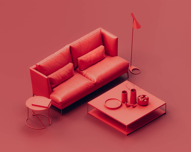 Izometrický monochromatický jednobarevný interiér obývací pokoj s pohovkou, podlahovou lampou a postranním stolem, červený pokoj. Nikdo. 3D vykreslování - Fotografie, Obrázek