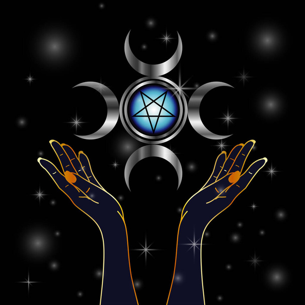 Triple Goddess pagan symbol and hands holding an inverted pentacle - Vector, Image