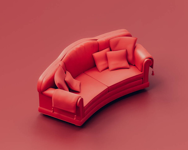 Monochrome single color red sofa in a red room, isometric single red couch. nobody. 3d rendering - Photo, Image