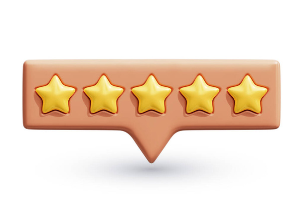 Пять звезд рейтинга. Golden reviews stars on tooltip UI element. Обман клиентов или концепция отзыва клиентов. Реалистичная трехмерная векторная иллюстрация, изолированная на белом - Вектор,изображение